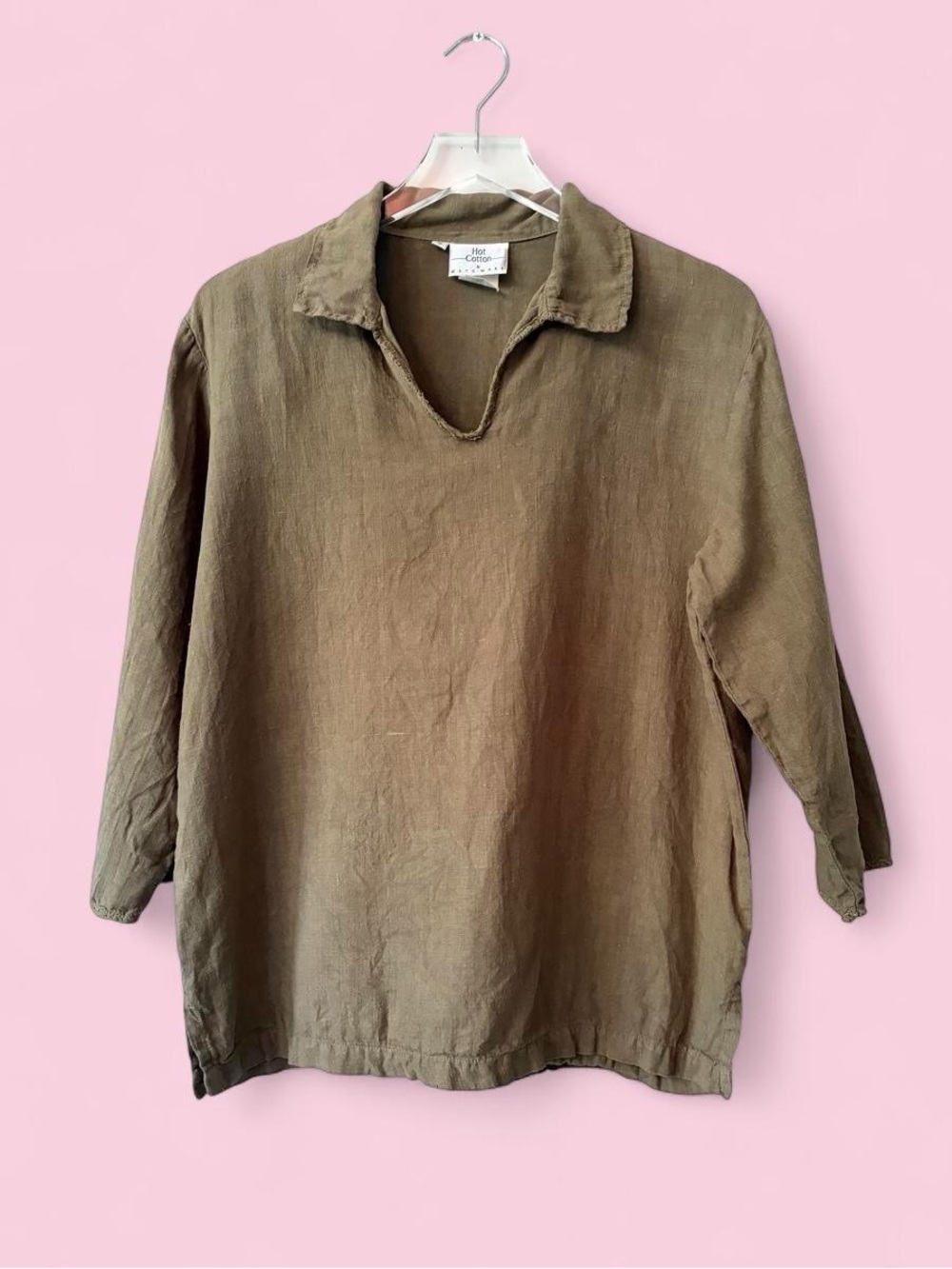 1990s Drab Green Linen Lace Crochet Trim Blouse